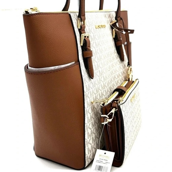 Michael Kors Large Charlotte Tote Bag & Large Double Zip Wallet Vanilla/Brown - Picture 4 of 13